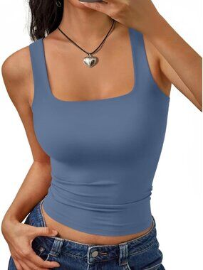 Women's Dusty Blue Square Neck Double Lined Lightweight Imported Tank Tops